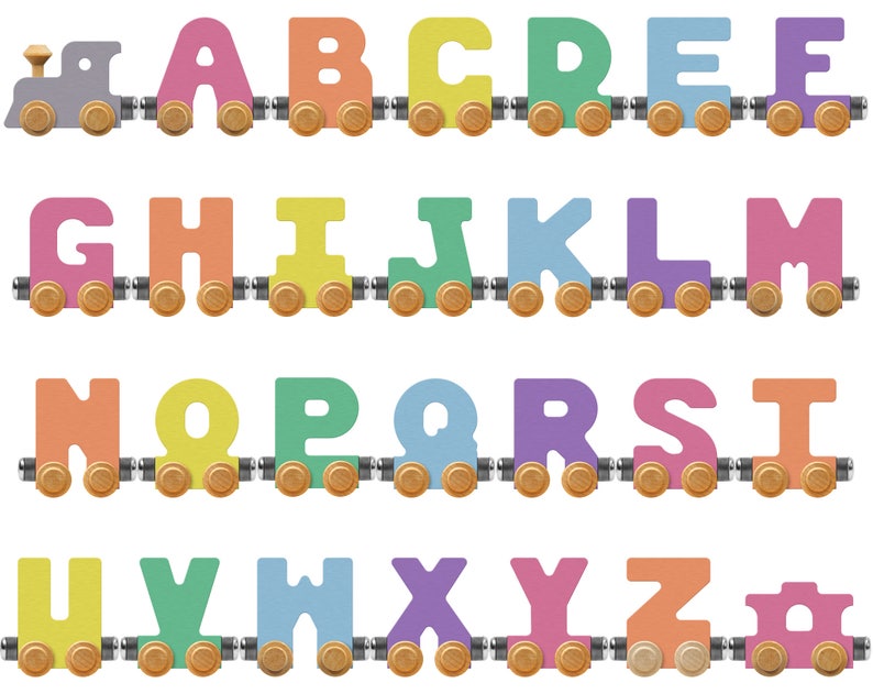 K&ouml;nnte beinhalten: Ein bunter Holzzug mit Alphabet-Buchstabenwagen. Die Zugmaschine ist grau mit einem schwarzen Schornstein und einer gelben Glocke. Die Buchstaben sind in verschiedenen Farben und in alphabetischer Reihenfolge angeordnet. Der Zug befindet sich auf einem wei&szlig;en Hintergrund.
