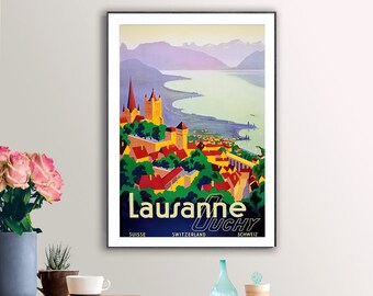 Switzerland Lausanne Ouchy 1929 Vintage Poster Print Retro Style Travel Art