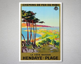 Vintage Hendaye Plage France Spain Border Tourism Poster Print A3//A4