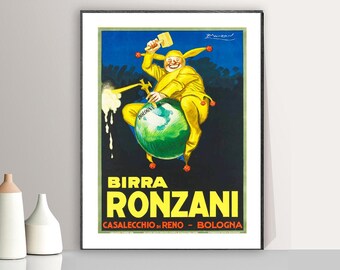 May include: Vintage poster print featuring a jester in yellow attire, balancing on a globe. The poster advertises "Birra Ronzani" with text in yellow and green. The background is dark blue, and the poster is framed in black.