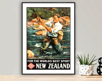 New Zealand Fishing Vintage Travel Poster - Poster Paper or Canvas Print / Gift Idea / Wall Decor