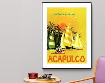 May include: A vintage travel poster with a yellow background and the text "endless summer" and "ACAPULCO" in orange. The poster features a sunset scene with palm trees and sailboats.