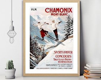 Chamonix Mont-Blanc Vintage Ski Poster - Poster Paper or Canvas Print / Gift Idea / Wall Art