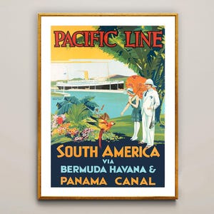 May include: Vintage travel poster advertising a cruise to South America via the Pacific Line. The poster features a large ocean liner, a couple in white clothing, and a tropical scene with palm trees and a parrot.