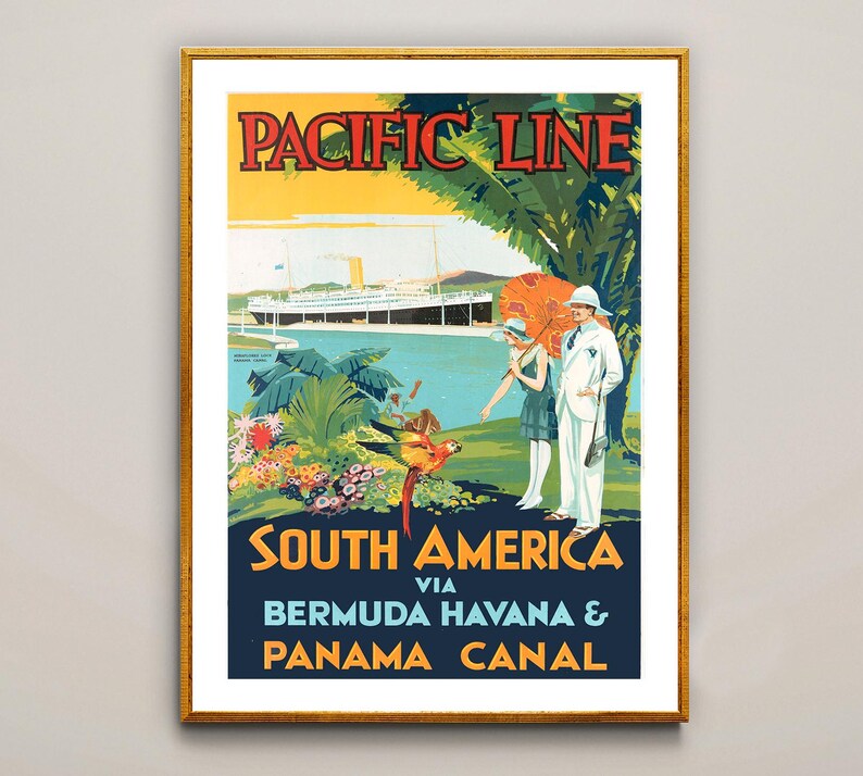 May include: Vintage travel poster advertising a cruise to South America via the Pacific Line. The poster features a large ocean liner, a couple in white clothing, and a tropical scene with palm trees and a parrot.