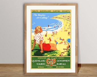 Poster di viaggio del Queensland meridionale: stampa vintage sulla spiaggia