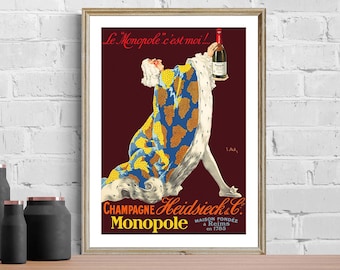 Impresión artística vintage de un anuncio de champán francés: reproducción de una obra de arte vintage, decoración de pared con fines decorativos.