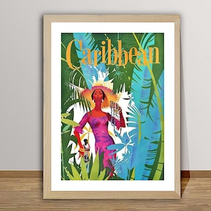 Póster de viaje vintage del Caribe: impresión en papel o lienzo, ideal para regalar o para decorar paredes.