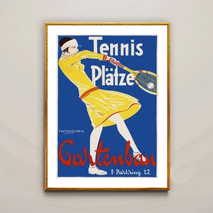 May include: A vintage poster advertising tennis courts in Vienna, Austria. The poster features a woman in a yellow dress playing tennis on a blue background. The text on the poster reads "Tennis Pl&auml;tze Gartenbau I-Parkring 12."