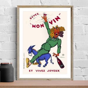 Vintage Buvez Mon Vin et Vivez Joyeux Advertisement Art Print - Reproduction of a Retro Artwork, Decorative Purposes Wall Decor