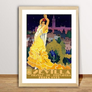Sevilla Fiestas de Primavera Feria, 1933, Espagne, affiche de voyage vintage - Oeuvre d'art de voyage en Espagne, profitez du flamenco à Séville, impression d'art rétro