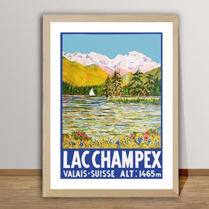 Lac Champex, Suisse Vintage Travel Poster - Lake Champex Poster, Travel Alpine Lake, Wall Decor, Gift Idea