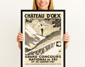 Vintage 1927 Ski Poster, Chateau d'Oex Print