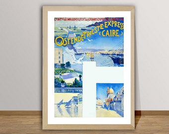Könnte beinhalten: Vintage-Reiseposter für die Zugstrecke Ostende-Triest-Kairo Express. Das Poster zeigt eine Collage von Bildern, die Szenen aus Ostende, Triest und Kairo darstellen, darunter ein Hafen, ein Gebäude mit einer Kuppel und ein Zug.