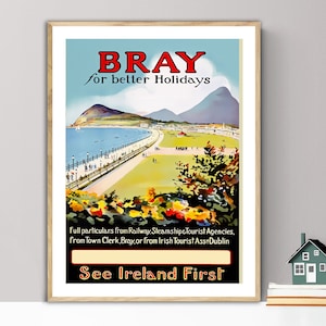 Bray para melhores férias, pôster de viagens vintage da Irlanda - papel de pôster ou impressão em tela / ideia de presente / decoração de parede