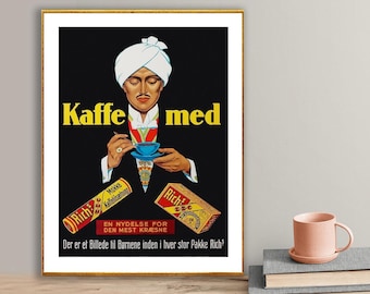 May include: Vintage poster with the words "Kaffe med" in yellow. The image features a person wearing a white turban, holding a cup of coffee. Two boxes of "Rich" coffee are at the bottom, with text in Danish.