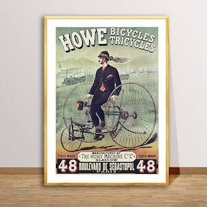 Póster de bicicletas y triciclos antiguos de Howe: póster de bicicleta retro, anuncio de ciclo, decoración de pared