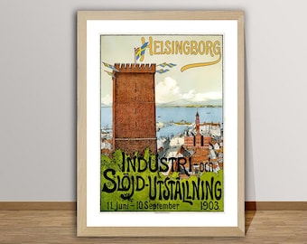 Könnte beinhalten: Ein Vintage-Plakat, das eine Industrie- und Handwerksausstellung in Helsingborg, Schweden, bewirbt. Das Plakat zeigt einen roten Backsteinturm mit einer blau-gelben Flagge und den Text "INDUSTRI- och Slöjd-UTSTÄLLNING 11. Juni - 10. September 1903."