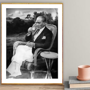 Mustafa Kemal Ataturk bebendo café turco pôster vintage - amantes de café / ideia de presente / decoração de parede