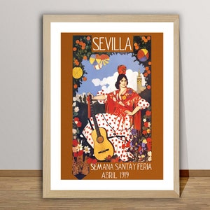 Seville Semana Santa Y Feria, Abril 1919 Vintage Reiseplakat - Reisen Sie Spanien Kunstwerk, genießen Sie Flamenco in Seville, Retro Art Print