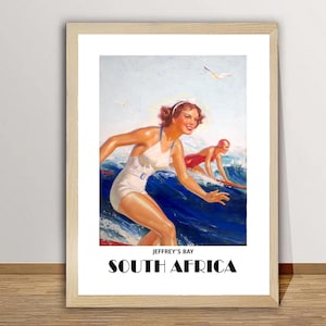 Jeffrey&#39;s Bay, South Africa Vintage Travel Poster - Surfer Girls in South Africa / Gift Idea / Surfer Sport Wall Decor