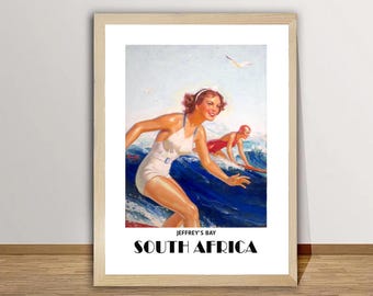 Póster de viaje vintage de Jeffrey's Bay, Sudáfrica: Impresión artística de chicas surfistas