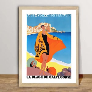 La Plage de Calvi-Corse, Cartel de viaje vintage de Francia - Cartel de la isla de Córcega, estilo Art Déco, arte retro