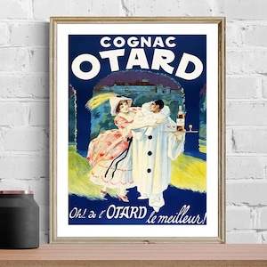Impresión artística de un anuncio de coñac francés antiguo (1922): reproducción de una obra de arte antigua, decoración de pared con fines decorativos.