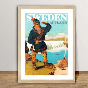 Sweden Lappland Vintage Travel Poster - Travel Memories of Sweden, Wall Decor