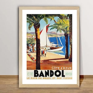 Bandol Costa Azzurra, Francia - Poster di viaggio vintage - Stampa su carta o tela / Idea regalo / Decorazione murale