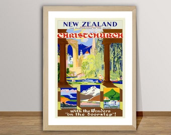 New Zealand Christ Church Vintage Travel Poster - New Zealand Poster, New Zealand Island Print, Wall Decor, Gift Idea