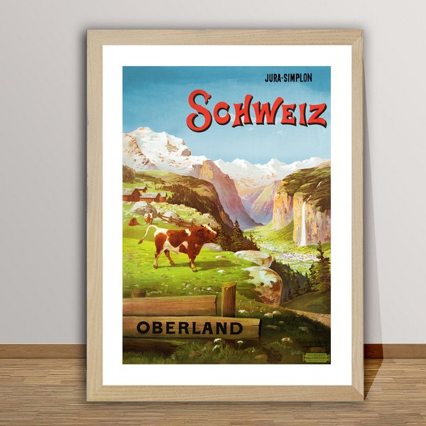 Berner Oberland Schweiz Vintage  Travel Poster - Poster Paper or Canvas Print / Gift Idea / Wall Decor