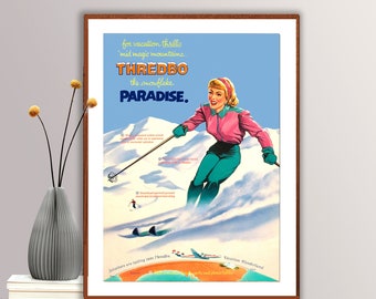 Thredbo pour le Snowflake Paradise, Australia vintage Travel Poster - Poster Paper or Canvas Giclee Print / Gift Idea