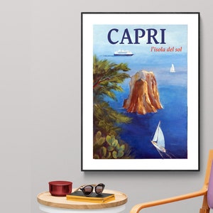 Capri Italy  Vintage Travel Poster by Faruk Koksal - Poster Paper or Canvas Print / Gift Idea / Wall Decor