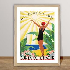 Le Soleil Toute L'Annee Sur La Cote d'Azur Vintage Travel Poster - French Riviera Poster, Living Room Decor, Wonderful Travel Art