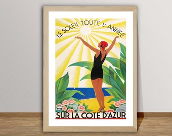 Le Soleil Toute L'Annee Sur La Cote d'Azur Cartaz de viagem vintage-Pôster da Riviera Francesa, decoração de sala de estar, arte de viagem maravilhosa