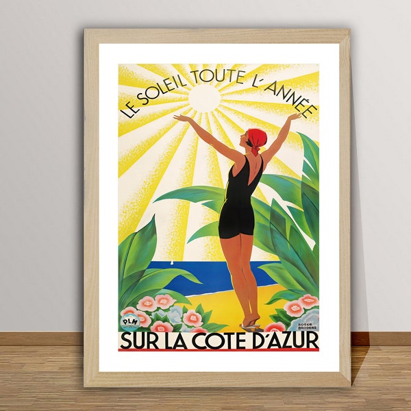 Le Soleil Toute L'Annee Sur La Cote d'Azur Vintage Travel Poster - French Riviera Poster, Living Room Decor, Wonderful Travel Art