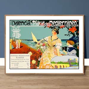 Affiche de voyage vintage Valencia Playa del Mediterraneo Espagne - collections d&#39;art vintage, annonces de voyage, art décoratif, art mural, décoration murale