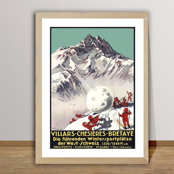 Villars Chesieres Bretaye, Suisse  Vintage Ski Poster - Poster Paper or Canvas Print / Gift Idea / Wall Decor