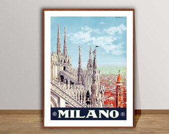 Vintage reisposter Milaan, Italië: architecturale kunstafdruk