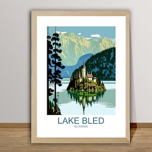Bleder See Slowenien Reiseplakat von Mi - Posterpapier oder Leinwand Druck / Geschenkidee / Wanddekoration