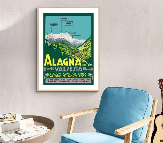 Poster di viaggio vintage di Alagna Valsesia, Monte Rosa Italia Poster su  carta o tela stampata / Idea regalo / Decorazione da parete -  Italia