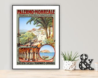 Restored Vintage Monreale Poster  Print  Sicily Travel Print  Italy Travel Poster  Fashion  Vintage Art  Home Decor  Retro Posters
