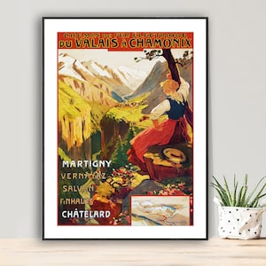 Chemin de Fer Electrique du Valais a Chamonix, Martigny Vintage Travel Poster - Impresión de póster o Impresión de lienzo / Idea de regalo