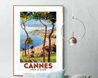 Cannes France  Vintage Travel Poster French Riviera Wall Art, Vacation Coastal Decor