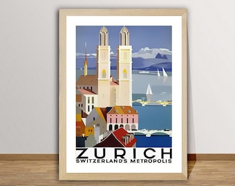Cartaz de viagem vintage da metrópole de Zurique, Suíça - Memórias de viagem / Ideia para presente / Decoração de parede