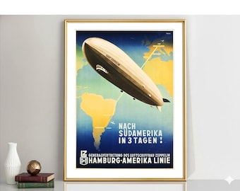 Vintage Hamburg Amerika Linie Zeppelin-poster: constructie luchtschip