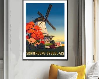 Sønderborg (Güney Jutland), Danmark Vintage Travel Poster: Dybbol Als Windmill
