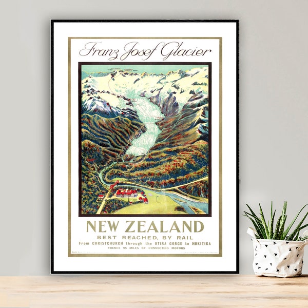 Franz Josef Glacier New Zealand  Vintage Travel Poster - Poster Paper or Canvas Print / Gift Idea / Wall Decor