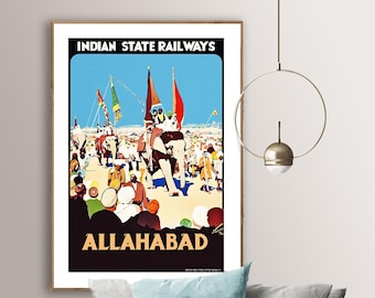 May include: Vintage travel poster for Indian State Railways featuring a vibrant scene of elephants and people. The poster has text that reads "Indian State Railways" at the top and "Allahabad" at the bottom, set against a blue sky.